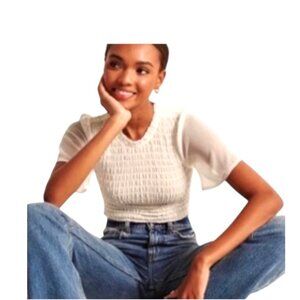 Abercrombie & Fitch Smocked Bodice Sheer Flutter Sleeve Blouse White Size XS